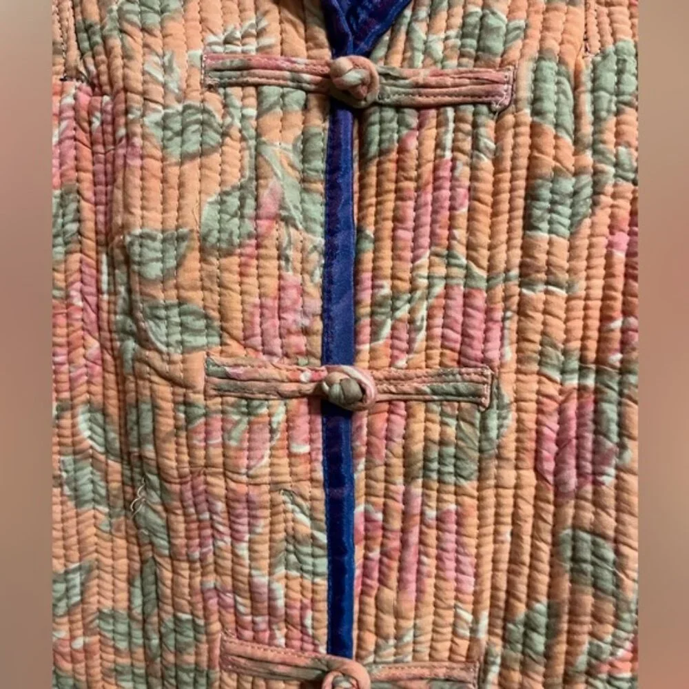 Sam Hilu silk quilted jacket reversible stunning florals fun buttons pockets M - Picture 5 of 8
